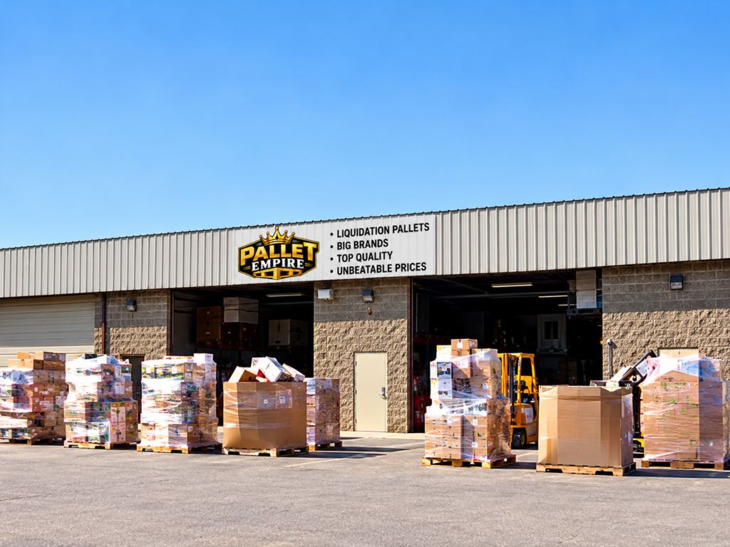 Promotional illustration of a liquidation pallet warehouse with boxed merchandise and a Pallet Empire sign