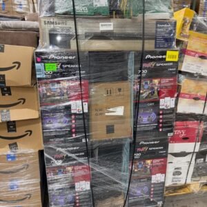 Mixed merchandise liquidation pallet with boxed retail goods and electronics