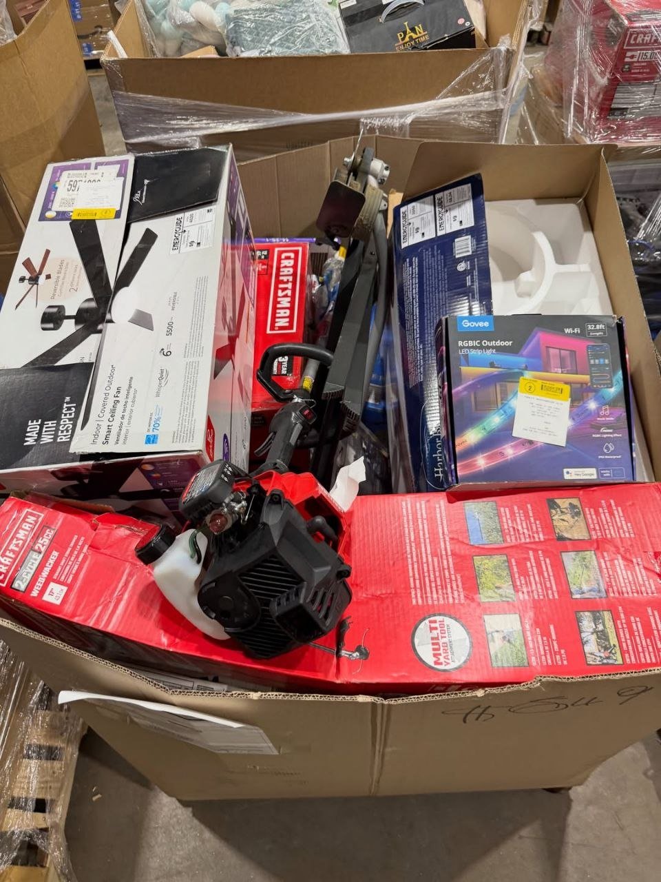 Open mixed general merchandise pallet with assorted retail products