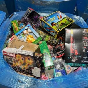 Brand-new mixed toy pallet with LEGO building sets and assorted boxed games in a blue bulk bin