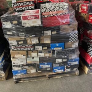 Wrapped wholesale shoe pallet with Vans and adidas boxes stacked on a wood pallet