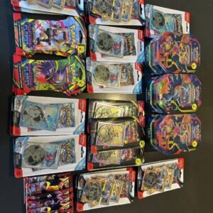 Assorted Pokémon TCG sealed retail packs promo coin sets and collectible tins