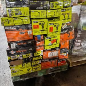 Wholesale mixed power tools pallet of boxed RYOBI and RIDGID drills drivers nailers and equipment