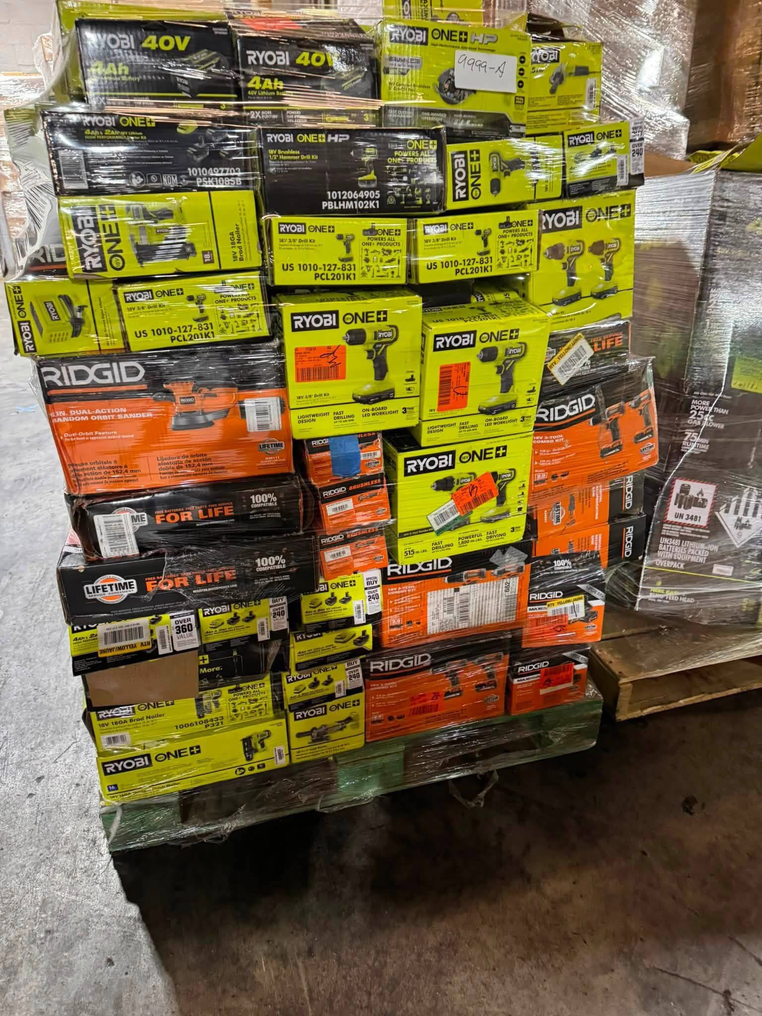 Wholesale mixed power tools pallet of boxed RYOBI and RIDGID drills drivers nailers and equipment